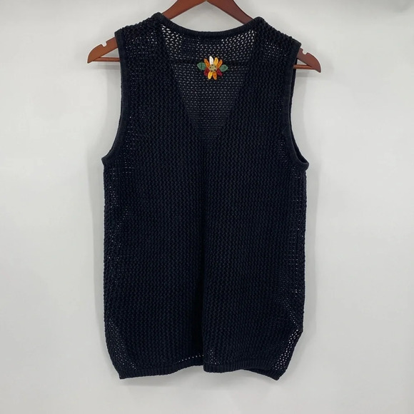 Vintage Cardigan Vest Womens LP Black Floral Grandma Ramie Cotton Knit 80s - Picture 10 of 13